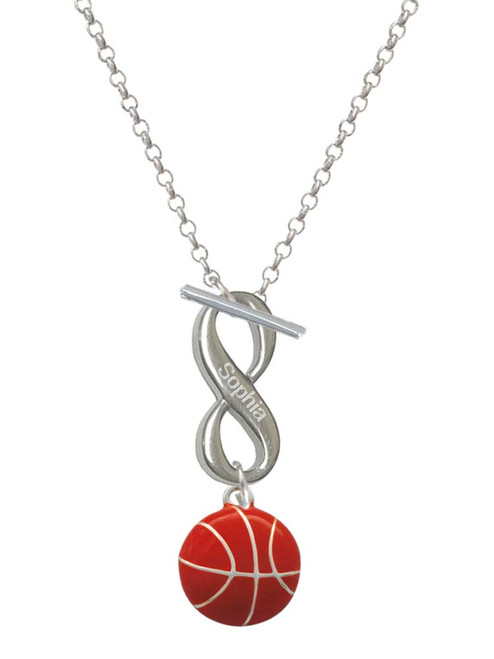 Silver Plated Large Enamel Basketball - Custom Engraved Infinity Toggle Necklace: Personalized Jewelry Gift - Names, Initials, Dates, Bible Verses