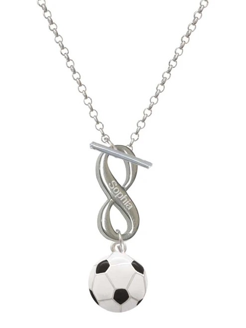 Silver Plated Large Enamel Soccer ball - Custom Engraved Infinity Toggle Necklace: Personalized Jewelry Gift - Names, Initials, Dates, Bible Verses