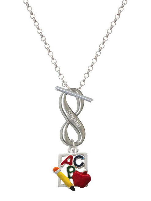 Silver Plated ABC Cutout School Slate - Custom Engraved Infinity Toggle Necklace: Personalized Jewelry Gift - Names, Initials, Dates, Bible Verses