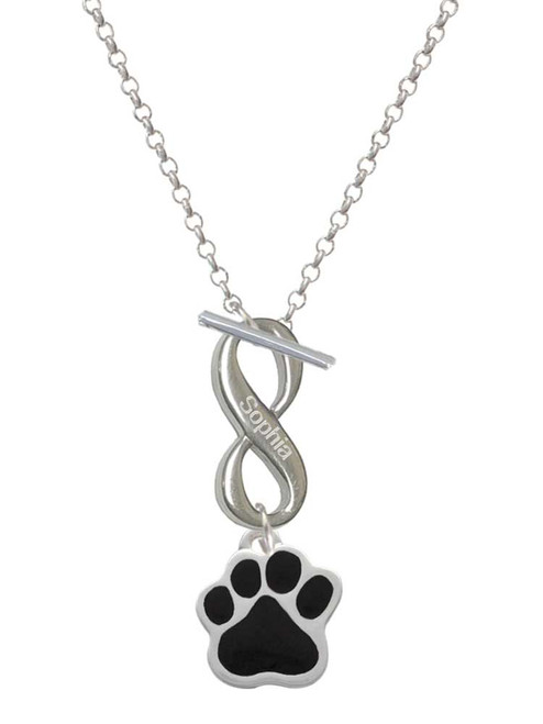 Silver Plated Large Black Paw - Custom Engraved Infinity Toggle Necklace: Personalized Jewelry Gift - Names, Initials, Dates, Bible Verses