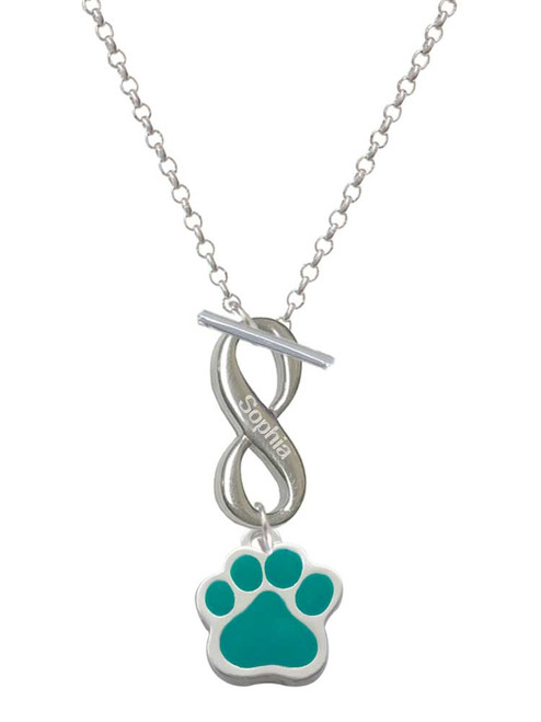 Silver Plated Large Teal Paw - Custom Engraved Infinity Toggle Necklace: Personalized Jewelry Gift - Names, Initials, Dates, Bible Verses