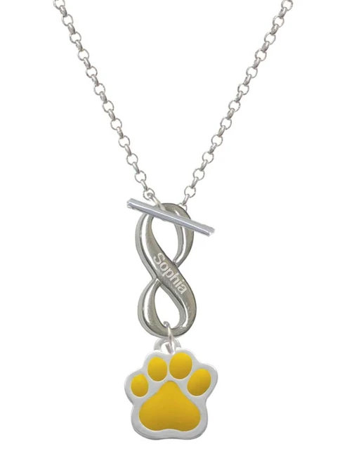 Silver Plated Large Yellow Paw - Custom Engraved Infinity Toggle Necklace: Personalized Jewelry Gift - Names, Initials, Dates, Bible Verses