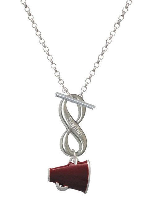 Silver Plated Small Maroon Megaphone - Custom Engraved Infinity Toggle Necklace: Personalized Jewelry Gift - Names, Initials, Dates, Bible Verses