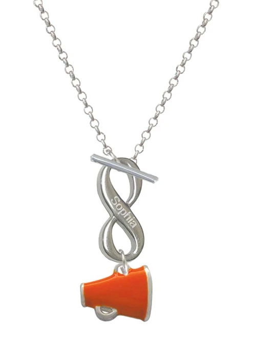Silver Plated Small Orange Megaphone - Custom Engraved Infinity Toggle Necklace: Personalized Jewelry Gift - Names, Initials, Dates, Bible Verses