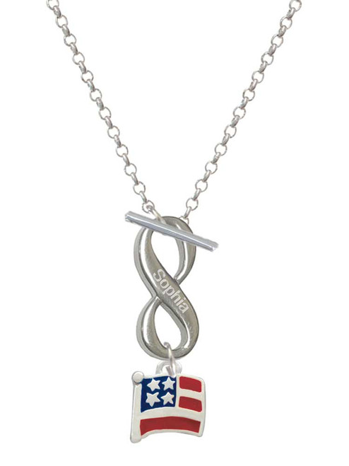 Silver Plated Mini USA Flag - Custom Engraved Infinity Toggle Necklace: Personalized Jewelry Gift - Names, Initials, Dates, Bible Verses