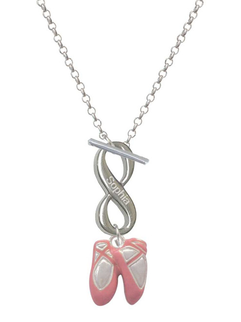 Silver Plated Large Pink Ballet Slippers - Custom Engraved Infinity Toggle Necklace: Personalized Jewelry Gift - Names, Initials, Dates, Bible Verses