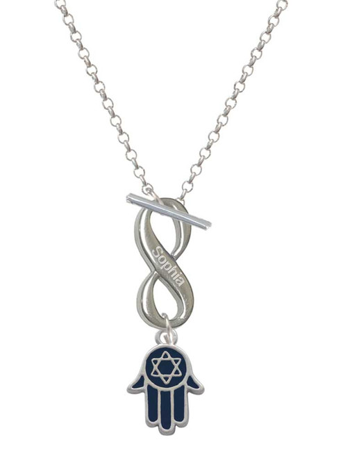 Silver Plated Blue Hamsa Hand with Star of David - Custom Engraved Infinity Toggle Necklace: Personalized Jewelry Gift - Names, Initials, Dates, Bible Verses