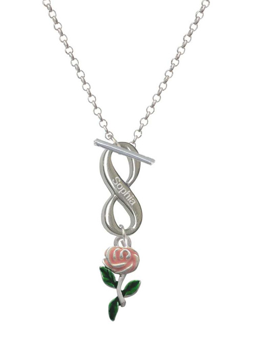 Silver Plated Pink Rose Flower - Custom Engraved Infinity Toggle Necklace: Personalized Jewelry Gift - Names, Initials, Dates, Bible Verses