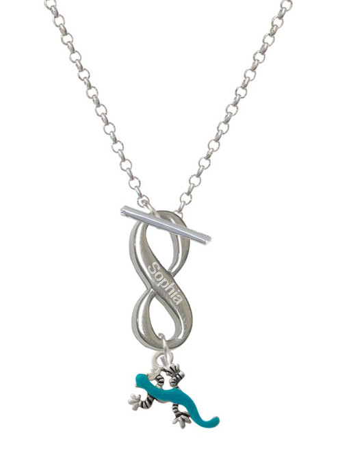 Silver Plated Small Teal Lizard - Custom Engraved Infinity Toggle Necklace: Personalized Jewelry Gift - Names, Initials, Dates, Bible Verses