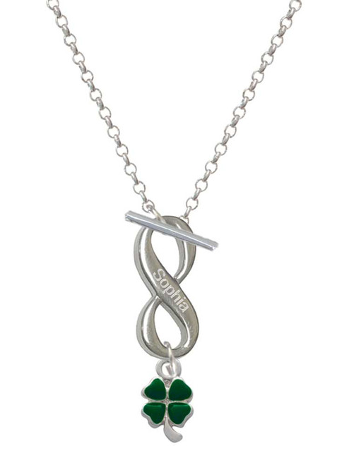 Silver Plated Mini Green Four Leaf Clover with Heart Leaves - Custom Engraved Infinity Toggle Necklace: Personalized Jewelry Gift - Names, Initials, Dates, Bible Verses
