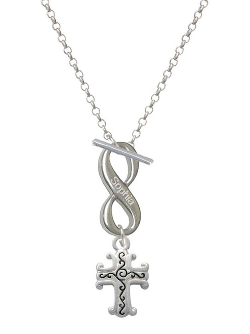 Silver Plated Scroll Cross with Antiqued Decoration - Custom Engraved Infinity Toggle Necklace: Personalized Jewelry Gift - Names, Initials, Dates, Bible Verses