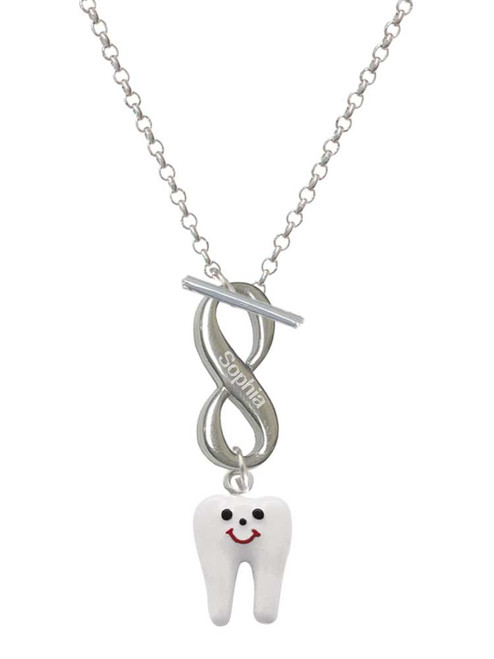 Silver Plated Enamel Smiling Tooth - Custom Engraved Infinity Toggle Necklace: Personalized Jewelry Gift - Names, Initials, Dates, Bible Verses
