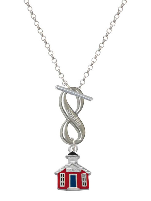Silver Plated Red School House - Custom Engraved Infinity Toggle Necklace: Personalized Jewelry Gift - Names, Initials, Dates, Bible Verses