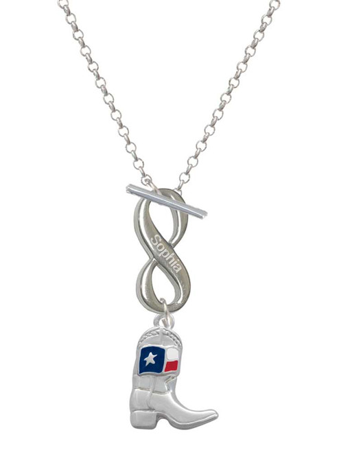Silver Plated Cowboy Boot with Texas Flag - Custom Engraved Infinity Toggle Necklace: Personalized Jewelry Gift - Names, Initials, Dates, Bible Verses