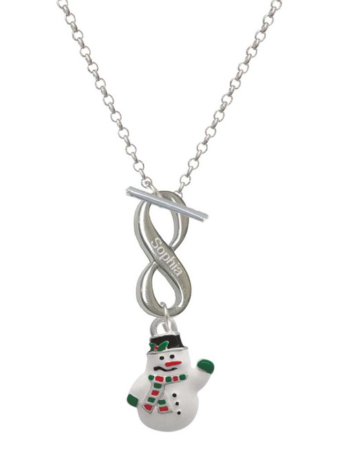 Silver Plated White Enamel Snowman - Custom Engraved Infinity Toggle Necklace: Personalized Jewelry Gift - Names, Initials, Dates, Bible Verses