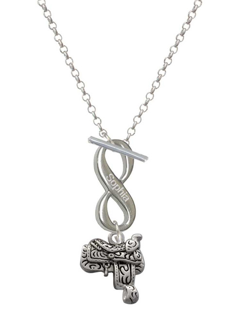 Silver Plated Saddle - Custom Engraved Infinity Toggle Necklace: Personalized Jewelry Gift - Names, Initials, Dates, Bible Verses