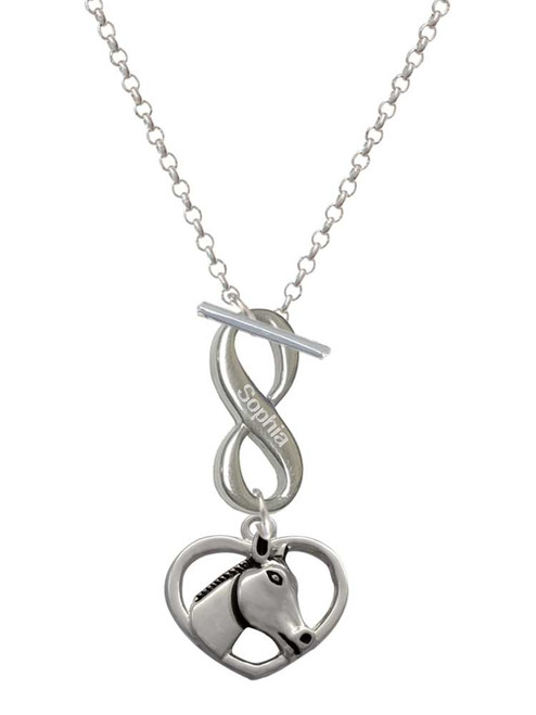 Silver Plated Heart with Horse Head - Custom Engraved Infinity Toggle Necklace: Personalized Jewelry Gift - Names, Initials, Dates, Bible Verses