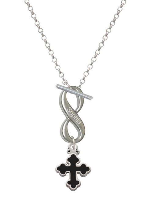 Silver Plated Small Black Enamel Botonee Cross - Custom Engraved Infinity Toggle Necklace: Personalized Jewelry Gift - Names, Initials, Dates, Bible Verses