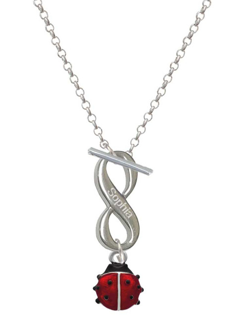 Silver Plated Mini Red Translucent Ladybug - Custom Engraved Infinity Toggle Necklace: Personalized Jewelry Gift - Names, Initials, Dates, Bible Verses