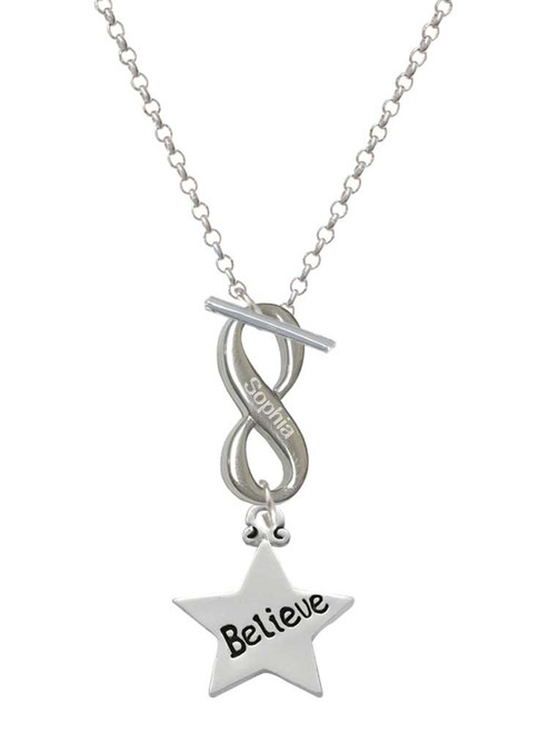 Silver Plated Believe Star - Custom Engraved Infinity Toggle Necklace: Personalized Jewelry Gift - Names, Initials, Dates, Bible Verses