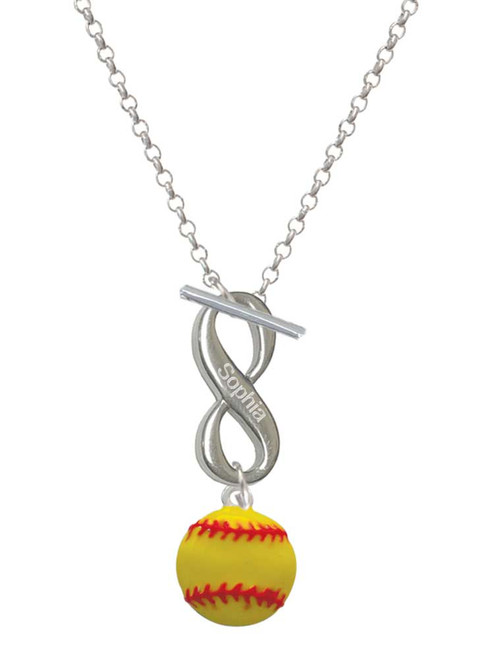 Silver Plated Large Optic Yellow Softball - Custom Engraved Infinity Toggle Necklace: Personalized Jewelry Gift - Names, Initials, Dates, Bible Verses