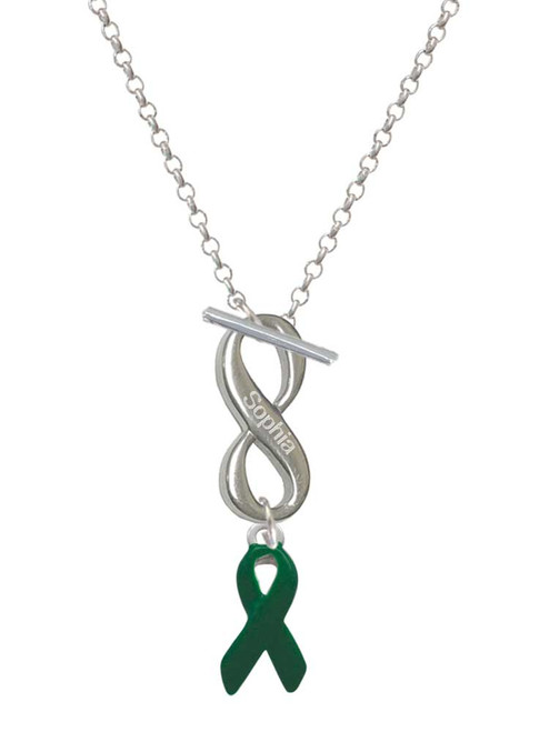 Silver Plated Green Ribbon - Custom Engraved Infinity Toggle Necklace: Personalized Jewelry Gift - Names, Initials, Dates, Bible Verses