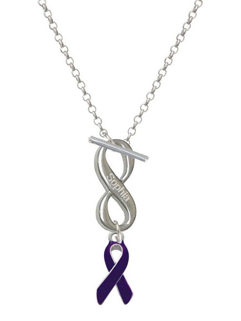 Silver Plated Purple Ribbon - Custom Engraved Infinity Toggle Necklace: Personalized Jewelry Gift - Names, Initials, Dates, Bible Verses