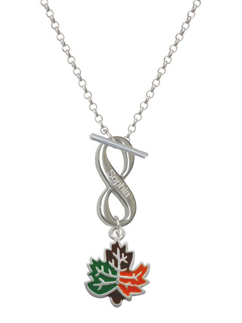 Silver Plated Large Enamel Fall Leaf - Custom Engraved Infinity Toggle Necklace: Personalized Jewelry Gift - Names, Initials, Dates, Bible Verses