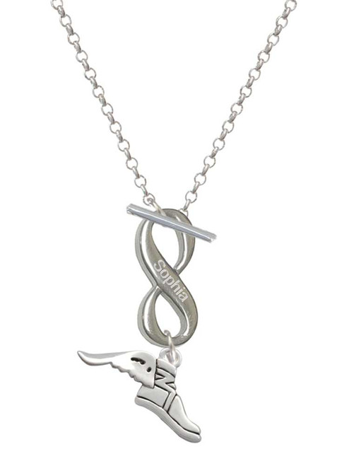 Silver Plated Winged Shoe - Mascot - Custom Engraved Infinity Toggle Necklace: Personalized Jewelry Gift - Names, Initials, Dates, Bible Verses