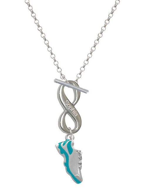 Silver Plated Teal Running Shoe - Custom Engraved Infinity Toggle Necklace: Personalized Jewelry Gift - Names, Initials, Dates, Bible Verses
