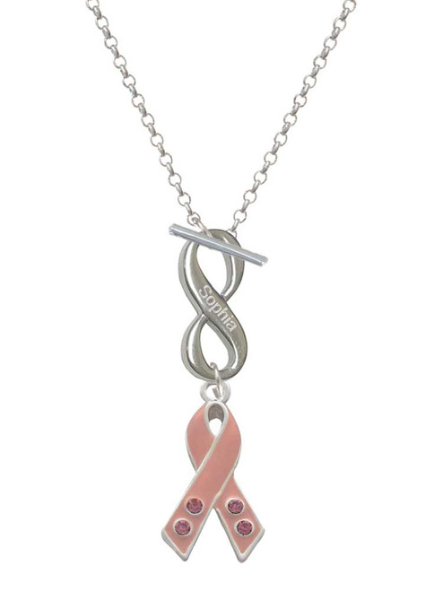 Silver Plated Large Pink Ribbon with Crystals - Custom Engraved Infinity Toggle Necklace: Personalized Jewelry Gift - Names, Initials, Dates, Bible Verses