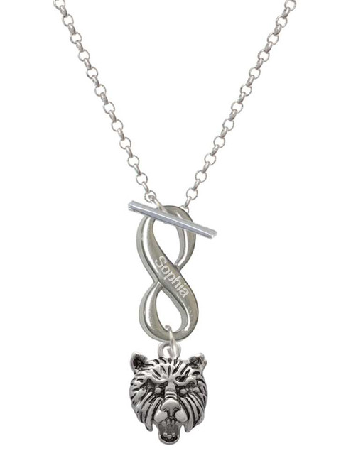 Silver Plated Small Bear - Mascot - Custom Engraved Infinity Toggle Necklace: Personalized Jewelry Gift - Names, Initials, Dates, Bible Verses