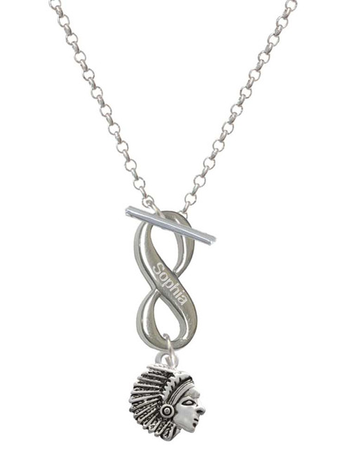 Silver Plated Small Indian - Mascot - Custom Engraved Infinity Toggle Necklace: Personalized Jewelry Gift - Names, Initials, Dates, Bible Verses