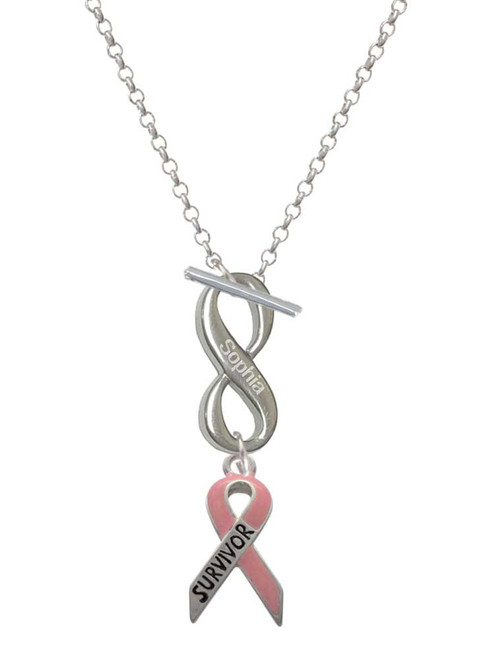 Silver Plated Pink Ribbon ''Survivor'' - Custom Engraved Infinity Toggle Necklace: Personalized Jewelry Gift - Names, Initials, Dates, Bible Verses