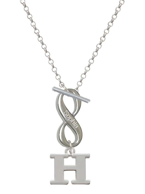 Silver Plated Large Initial - H - Custom Engraved Infinity Toggle Necklace: Personalized Jewelry Gift - Names, Initials, Dates, Bible Verses