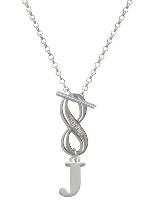 Silver Plated Large Initial - J - Custom Engraved Infinity Toggle Necklace: Personalized Jewelry Gift - Names, Initials, Dates, Bible Verses