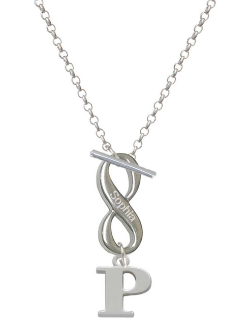 Silver Plated Large Initial - P - Custom Engraved Infinity Toggle Necklace: Personalized Jewelry Gift - Names, Initials, Dates, Bible Verses