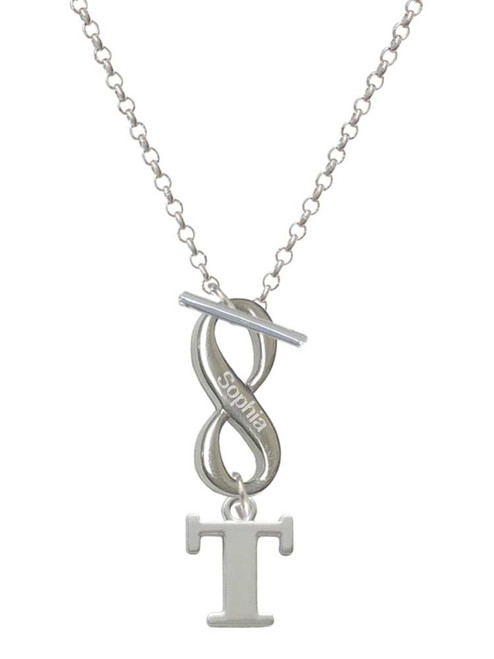 Silver Plated Large Initial - T - Custom Engraved Infinity Toggle Necklace: Personalized Jewelry Gift - Names, Initials, Dates, Bible Verses