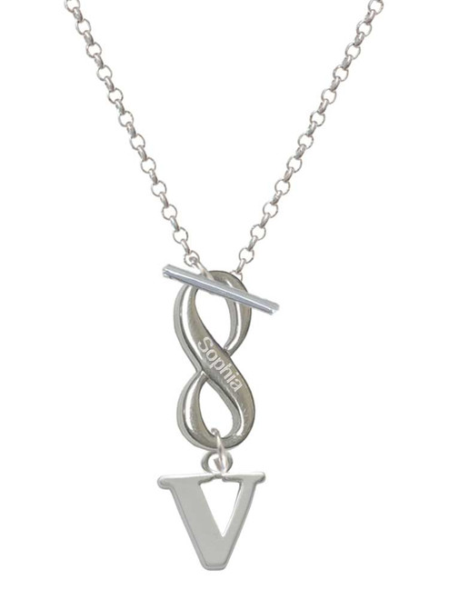 Silver Plated Large Initial - V - Custom Engraved Infinity Toggle Necklace: Personalized Jewelry Gift - Names, Initials, Dates, Bible Verses