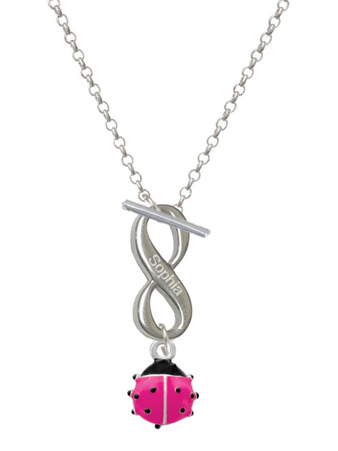 Silver Plated Mini Hot Pink Ladybug - Custom Engraved Infinity Toggle Necklace: Personalized Jewelry Gift - Names, Initials, Dates, Bible Verses