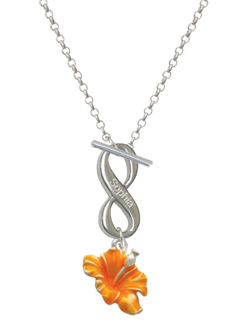 Silver Plated Hot Orange Hibiscus Flower - Custom Engraved Infinity Toggle Necklace: Personalized Jewelry Gift - Names, Initials, Dates, Bible Verses