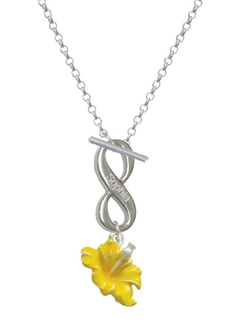 Silver Plated Yellow Hibiscus Flower - Custom Engraved Infinity Toggle Necklace: Personalized Jewelry Gift - Names, Initials, Dates, Bible Verses