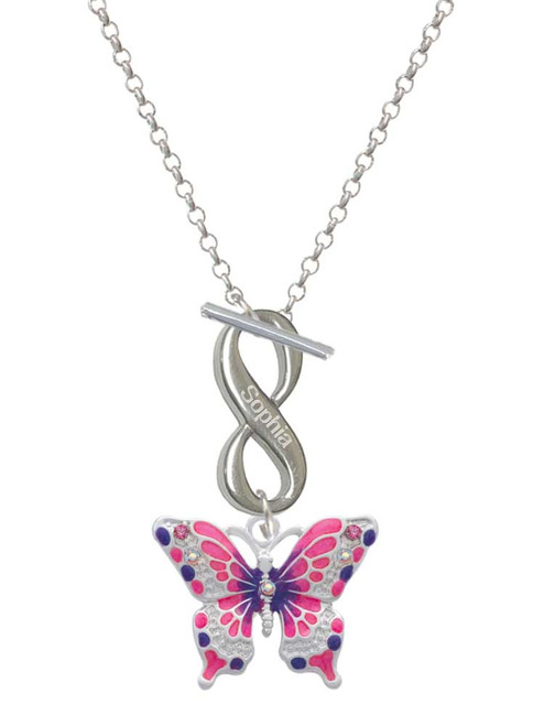 Silver Plated Large Hot Pink & Purple Butterfly - Custom Engraved Infinity Toggle Necklace: Personalized Jewelry Gift - Names, Initials, Dates, Bible Verses