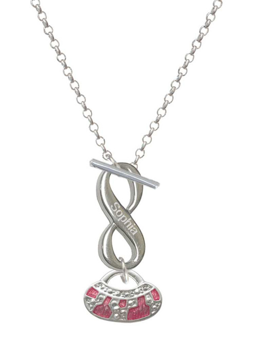 Silver Plated Hot Pink Retro Purse - Custom Engraved Infinity Toggle Necklace: Personalized Jewelry Gift - Names, Initials, Dates, Bible Verses