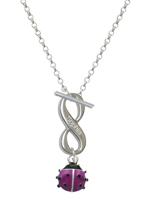 Silver Plated Mini Hot Purple Enamel Ladybug - Custom Engraved Infinity Toggle Necklace: Personalized Jewelry Gift - Names, Initials, Dates, Bible Verses