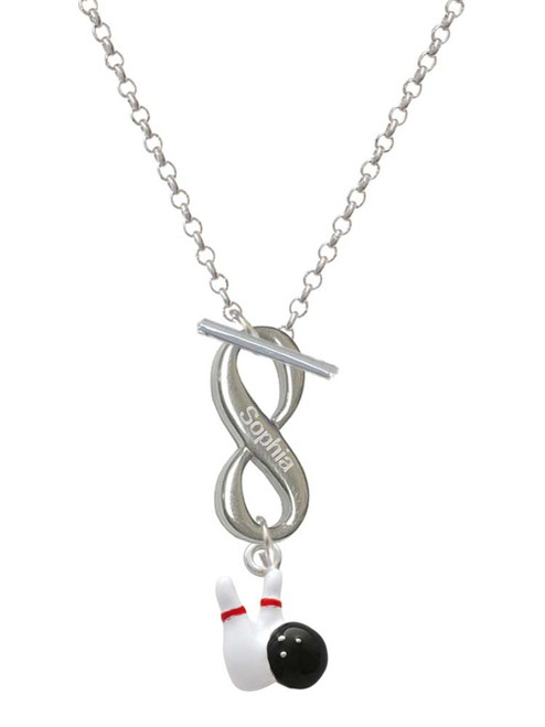Silver Plated Bowling Pins with Bowling Ball - Custom Engraved Infinity Toggle Necklace: Personalized Jewelry Gift - Names, Initials, Dates, Bible Verses