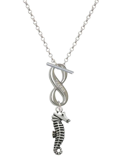 Silver Plated Antiqued Seahorse - Custom Engraved Infinity Toggle Necklace: Personalized Jewelry Gift - Names, Initials, Dates, Bible Verses