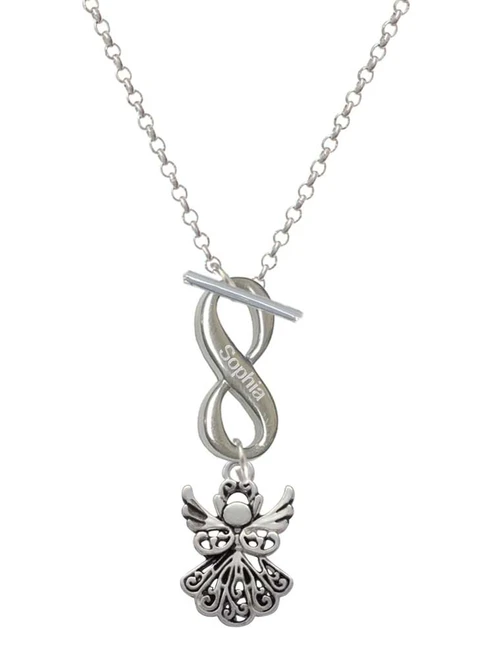 Silver Plated Angel - Custom Engraved Infinity Toggle Necklace: Personalized Jewelry Gift - Names, Initials, Dates, Bible Verses