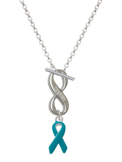Silver Plated Teal Ribbon - Custom Engraved Infinity Toggle Necklace: Personalized Jewelry Gift - Names, Initials, Dates, Bible Verses