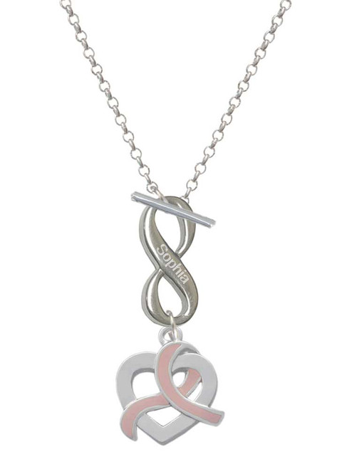 Silver Plated Heart Outline Looping Pink Ribbon - Custom Engraved Infinity Toggle Necklace: Personalized Jewelry Gift - Names, Initials, Dates, Bible Verses